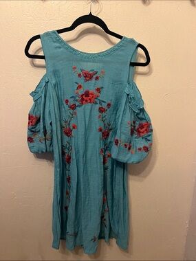 Umgee Turquoise Cold-Shoulder Embroidered Floral Dress